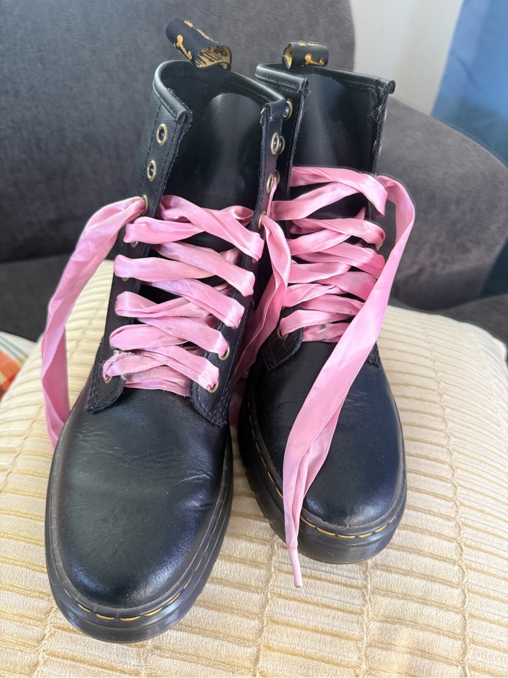 Dr. Martens Black Leather Lace-Up Boots with Pink Satin Laces. Size 7men/ 9women